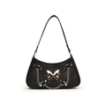 Black crescent underarm bag with silver butterfly charm and chain strap details - Black