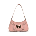 Bolso de hombro de cuero rosa con hebilla de mariposa plateada y detalle de cadena metálica - Rosa