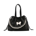 Bolso tipo cubo de PU negro con mariposa plateada y cadena de perlas para mujer - Negro