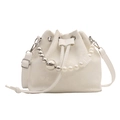 Elegant white beaded bucket handbag with pearl handle and adjustable shoulder strap - White