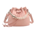 Pink drawstring bucket bag with elegant pearl and metal bead handle in a mini size - Pink