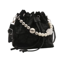 Fashionable black bucket bag with crackle texture, pearl chain, and drawstring closure - Black