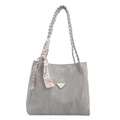 Chic grey tote bag with textured faux leather and a stylish silk scarf handle wrap - Silver