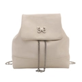 Silver chain backpack for women in beige faux leather with butterfly clasp and flap design - White