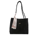 Minimalist black tote bag with pleated texture and decorative silk scarf detail - Black