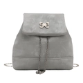 Chic light gray suede backpack with a silver butterfly buckle and metal chain straps - Silver