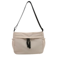 Minimalist cream nylon crossbody bag with black drawstring details and slim shoulder strap - White