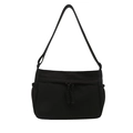 Minimalist black canvas tote bag featuring woven drawstrings and side pockets for women - Black