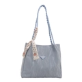 Light blue pleated tote bag with woven handles and decorative silk scarf accessory - Blue