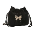 Black drawstring bucket bag with silver metal butterfly and chain shoulder strap - Black