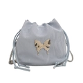 Light blue faux leather butterfly bucket bag with metallic chain strap for women - Blue