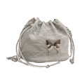 Silver drawstring bucket bag with metallic butterfly detail and chain strap - Silver