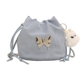 Light blue drawstring bucket bag with silver butterfly charm and plush doll accessory - Black with Pendant