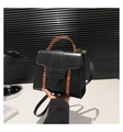 Detail of a chic handbag featuring black crocodile pattern leather and brown strap accents - Black
