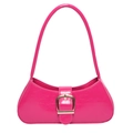 Glossy pink patent leather baguette bag with a stylish gold buckle for women - Rose Red