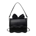 Elegant black leather bow handbag with wavy edges and silver chain strap for women - Black