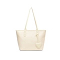 Cream white tote bag with ruched leather texture and heart charm, minimalist shoulder bag - White