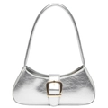 French style metallic silver baguette shoulder bag with gold square buckle detail - Silver