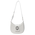 Elegant white faux leather half-moon hobo bag with a decorative rhinestone buckle and chain - White