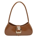 Caramel brown underarm bag with glossy finish and square gold buckle detail - Brown