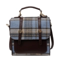British style plaid backpack for women with brown leather trim and golden buckle hardware - Blue