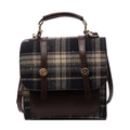 Retro plaid large capacity tote bag with brown leather trim and British college style - Black