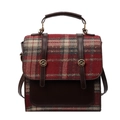 British vintage plaid handbag in red and black with brown leather trim and top handle - Burgundy