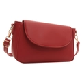 Minimalist red faux leather crossbody bag with curved flap and gold hardware on white background - Red
