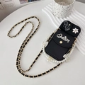 Crossbody iPhone case with pearl chain, bow accent, and queen rhinestone wallet detail - Black / iPhone 7/8/SE 2020
