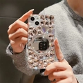 Luxury rhinestone iPhone case with rabbit ears, vanity mirror and pink crystal flowers - iPhone 7/8/SE 2020 / Pink (Pink Flower Rhinestone Mirror Style)