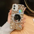 Detail of luxury iPhone case with champagne rhinestones and a round vanity mirror - iPhone 7/8/SE 2020 / Gold (Champagne Rhinestone Bunny Ear Mirror Style)