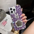 Purple luxury iPhone case with rhinestone crystals, rabbit decor and flower mirror charm - Purple Flower Mirror Rabbit Style / iPhone 15 Promax