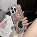 Luxury rhinestone iPhone case with floral rabbit motif and integrated makeup mirror - Pink Round Mirror Rabbit Style / iPhone 15 Promax