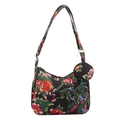 Sac bandoulière à fleurs rouges et motif dragon vert sur fond textile noir - Noir