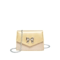 Elegant gold bow crossbody bag with shimmering champagne sequins and silver chain strap - Gold