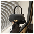 Detail of a black fan-shaped handbag featuring a gold buckle under soft natural light - Black