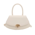 Elegant beige saddle bag with unique curved design and gold circular top handle - White