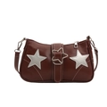 Dunkelbraune Retro-Achseltasche mit silbernen Stern-Applikationen und Sternschnalle - Braun
