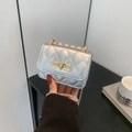Fashionable silver quilted mini chain bag with metallic finish and gold twist lock - Silver