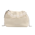 Elegante borsa a tracolla plissettata bianco crema con manico di perle e catena - Bianco