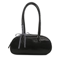 Glänzende schwarze PU-Schultertasche mit blau-weiß karierter Schleife als Verzierung - Schwarz