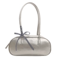 Schicke silberne Bowlingtasche aus PU-Leder mit langen Henkeln und blauem Karoband - Silber