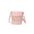 Bolso bandolera rosa estilo cubo con estampados geométricos y logo dorado de cuero sintético - Rosa