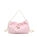 Pink pleated bucket bag with gold butterfly clasp and pearl handle, crossbody style - Pink