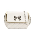 White quilted crossbody bag with silver bow clasp and chain strap on a plain background - White