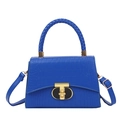Royal blue crocodile pattern handbag with woven handle and gold T-shaped lock - Blue