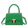 Emerald green crocodile pattern handbag with woven handles and golden rotating lock closure - Green