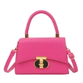 Hot pink crocodile embossed leather handbag with woven handle and gold geometric buckle - Rose Pink