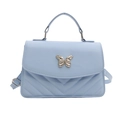 Quilted baby blue crossbody bag with silver butterfly clasp and adjustable strap - Blue