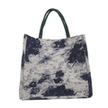 Vintage Canvas-Einkaufstasche mit großen blauen Blumen und grünen Henkeln für Damen - Blau